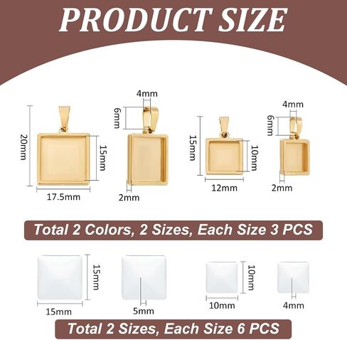 UNICRAFTALE 12 Sets 4 Sizes Stainless Steel DIY Blank Square Cabochon Settings Blank Dome Bezel Tray Charms with Glass Cabochons Blank Bezel Pendant Making Kit for Jewelry Making 10/15/20/25mm in Saudi Arabia