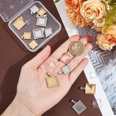 UNICRAFTALE 12 Sets 4 Sizes Stainless Steel DIY Blank Square Cabochon Settings Blank Dome Bezel Tray Charms with Glass Cabochons Blank Bezel Pendant Making Kit for Jewelry Making 10/15/20/25mm in Saudi Arabia