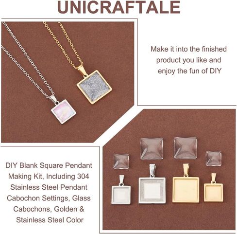 UNICRAFTALE 12 Sets 4 Sizes Stainless Steel DIY Blank Square Cabochon Settings Blank Dome Bezel Tray Charms with Glass Cabochons Blank Bezel Pendant Making Kit for Jewelry Making 10/15/20/25mm in Saudi Arabia