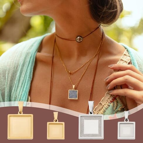 UNICRAFTALE 12 Sets 4 Sizes Stainless Steel DIY Blank Square Cabochon Settings Blank Dome Bezel Tray Charms with Glass Cabochons Blank Bezel Pendant Making Kit for Jewelry Making 10/15/20/25mm in Saudi Arabia