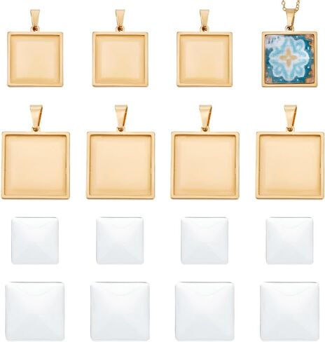 UNICRAFTALE 12 Sets 4 Sizes Stainless Steel DIY Blank Square Cabochon Settings Blank Dome Bezel Tray Charms with Glass Cabochons Blank Bezel Pendant Making Kit for Jewelry Making 10/15/20/25mm in Saudi Arabia