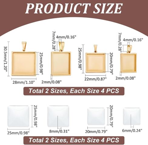 UNICRAFTALE 12 Sets 4 Sizes Stainless Steel DIY Blank Square Cabochon Settings Blank Dome Bezel Tray Charms with Glass Cabochons Blank Bezel Pendant Making Kit for Jewelry Making 10/15/20/25mm in Saudi Arabia