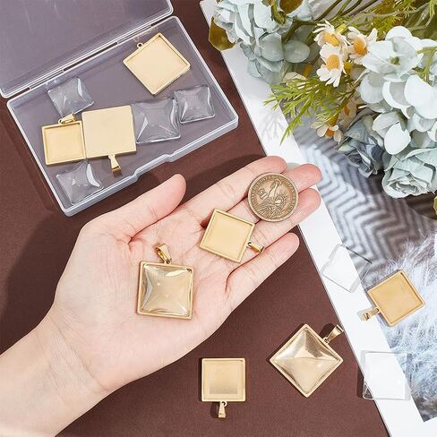 UNICRAFTALE 12 Sets 4 Sizes Stainless Steel DIY Blank Square Cabochon Settings Blank Dome Bezel Tray Charms with Glass Cabochons Blank Bezel Pendant Making Kit for Jewelry Making 10/15/20/25mm in Saudi Arabia