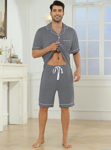Veseacky Mens Pajamas Set Short Sleeve Soft Button Down Sleepwear Two Piece Mens Loungewear Pjs Set with Pockets S-XXL in Saudi Arabia