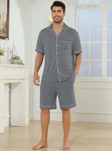 Veseacky Mens Pajamas Set Short Sleeve Soft Button Down Sleepwear Two Piece Mens Loungewear Pjs Set with Pockets S-XXL in Saudi Arabia