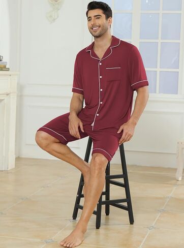 Veseacky Mens Pajamas Set Short Sleeve Soft Button Down Sleepwear Two Piece Mens Loungewear Pjs Set with Pockets S-XXL in Saudi Arabia