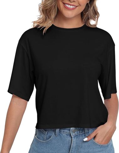 PRIMODA Women's Half Sleeve Loose Cropped T Shirts Drop Shoulder Crew Neck Crop Tops Basic Casual Tee Shirts in Saudi Arabia