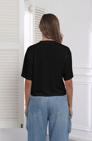 PRIMODA Women's Half Sleeve Loose Cropped T Shirts Drop Shoulder Crew Neck Crop Tops Basic Casual Tee Shirts in Saudi Arabia
