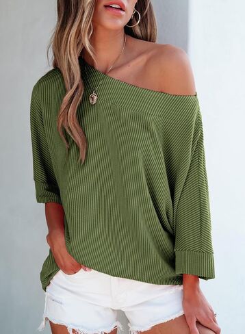 EVALESS Sexy Off The Shoulder Tops for Women 3/4 Length Sleeve Womens Tops Spring Summer 2025 Boat Neck One Shoulder Shirts in Saudi Arabia
