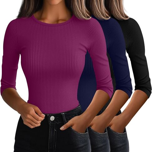 Ficerd 3 Pack 3/4 قمم الأكمام للنساء ، القطن متماسكة القمصان T ercts Basic Slim Fit Tees Tees الطاقم العارض in Saudi Arabia