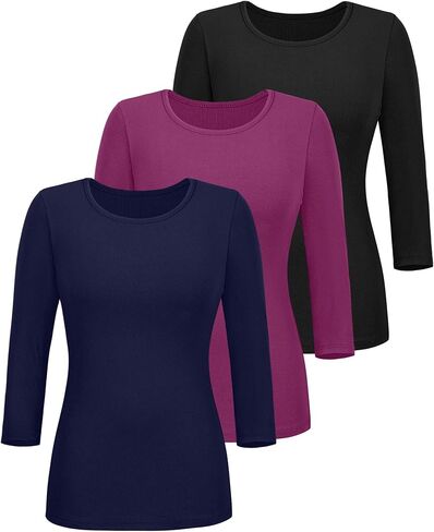 Ficerd 3 Pack 3/4 قمم الأكمام للنساء ، القطن متماسكة القمصان T ercts Basic Slim Fit Tees Tees الطاقم العارض in Saudi Arabia