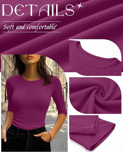 Ficerd 3 Pack 3/4 قمم الأكمام للنساء ، القطن متماسكة القمصان T ercts Basic Slim Fit Tees Tees الطاقم العارض in Saudi Arabia