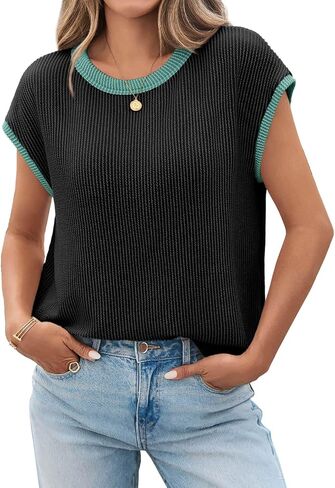 Tankaneo Womens Summer Color Block T-Shirts Cap Sleeve Textured Ribbed Knit Tees Casual Ringer Crew Neck Loose Fit Tops in Saudi Arabia