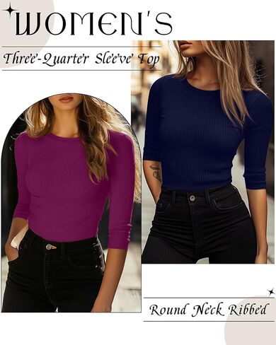 Ficerd 3 Pack 3/4 قمم الأكمام للنساء ، القطن متماسكة القمصان T ercts Basic Slim Fit Tees Tees الطاقم العارض in Saudi Arabia