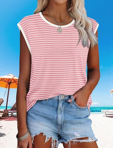 Xieerduo Womens Tops Dary Disy Summer Summer Striped Cap Sleeve Tops Color Block Loose Fit in Kuwait