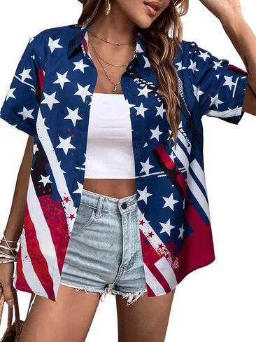 Fryaid American Flag Shirt Women 4th of July قمصان هاواي النجوم الوطنية in Kuwait