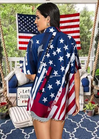 Fryaid American Flag Shirt Women 4th of July قمصان هاواي النجوم الوطنية in Kuwait