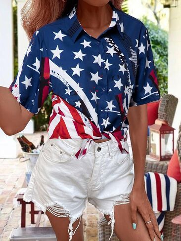 Fryaid American Flag Shirt Women 4th of July قمصان هاواي النجوم الوطنية in Kuwait