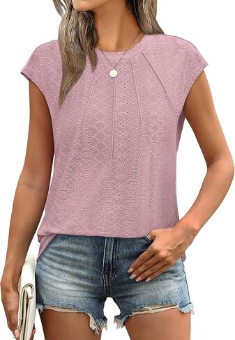 SAMPEEL Womens T Shirts Short Sleeve Pleated Dressy Casual Cap Sleeve Summer Tops Blouses in Saudi Arabia
