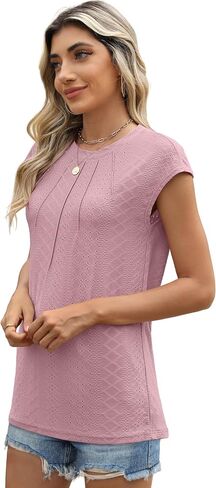 SAMPEEL Womens T Shirts Short Sleeve Pleated Dressy Casual Cap Sleeve Summer Tops Blouses in Saudi Arabia
