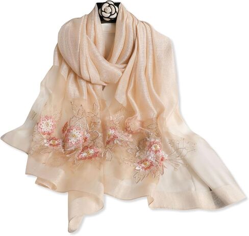 Silk Scarf Chiffon Scarf Women Ginkgo Embroidery Transparent Tulle Lightweight Long Scarf Shawl Wrap Spring Autumn in Saudi Arabia