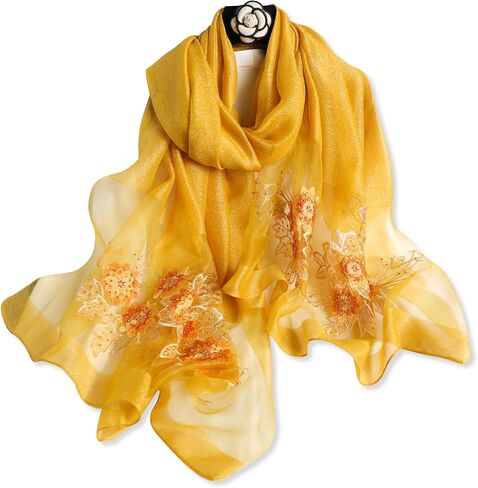 Silk Scarf Chiffon Scarf Women Ginkgo Embroidery Transparent Tulle Lightweight Long Scarf Shawl Wrap Spring Autumn in Saudi Arabia