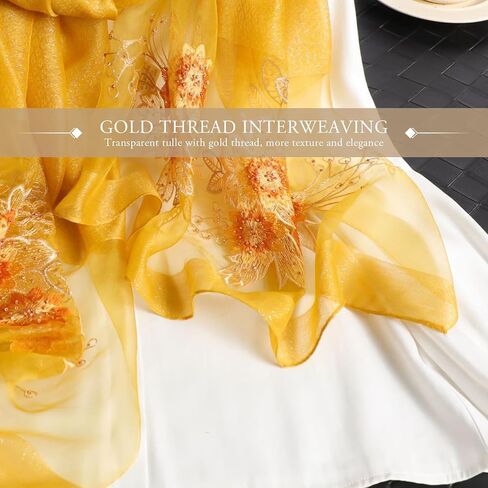 Silk Scarf Chiffon Scarf Women Ginkgo Embroidery Transparent Tulle Lightweight Long Scarf Shawl Wrap Spring Autumn in Saudi Arabia