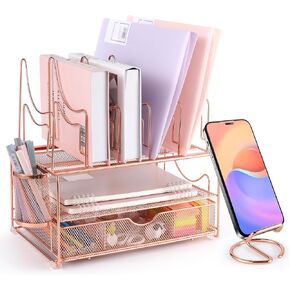 Desk File Organizer with Sliding Drawer 3-Tier Office Desktop Organizer File Holder Cute Desk Paper Letter Tray Organizer with 5 File Sorter Holders, 1 Pen Holder and 1 Phone Holder Gift - Black