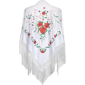 La Senorita Spanish Flamenco Dance Shawl white with red roses