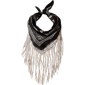 OYOANGLE Women's Tassel Sequin Square Neck Scarf Fringed Paisley Bandanas Scarves
