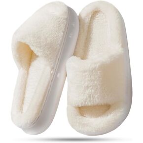 HUXMEYSON Slippers for Women, Fuzzy Faux Fur Memory Foam House Slippers, Flulffy Open Toe Cozy House Shoes Indoor Outdoor Flat Spa Slide Sandals