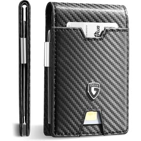GSOIAX MEN'S SLIM RFID يحجب محفظة جلدية مع مقطع المال | الحد الأدنى من ألياف الكربون حامل بطاقة الائتمان Bifold | 11 فتحات بطاقة | مربع الهدايا المدرجة (الكربون الأسود)
