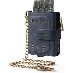 VULKIT Trifold Mens Smart Wallet with Chain, Aluminum POP UP Card Case RFID Protected, ID Window, Zipper Pocket for Coins and Compartment for Bills/Banknotes, Carbon Black