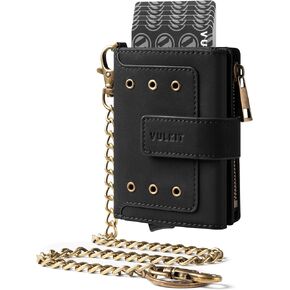 VULKIT Trifold Mens Smart Wallet with Chain, Aluminum POP UP Card Case RFID Protected, ID Window, Zipper Pocket for Coins and Compartment for Bills/Banknotes, Carbon Black in Kuwait