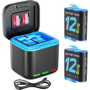 HONGDAK Battery Charger for GoPro Hero 12 Battery 2-Pack 2000mAh Battery Capacity and Fast Battery Charger with Micro SD Storage Slots Compatible with Hero 12 11 10 9 Black Official Accessories