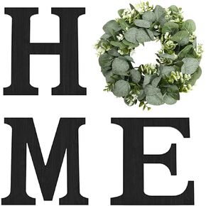 Wood Home Sign with Artificial Eucalyptus Wreath for O, Hanging Farmhouse Wall House Decor Wood Letters for Wall Art Rustic Home Decor, Wall Decor for Living Room Kitchen Entryway (Black)