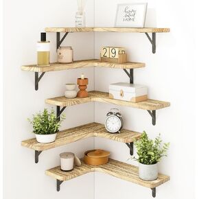 Fixwal Floating Shelves for Wall, Rustic Wood Wall Mounted Corner Shelf for Bathroom, Kitchen, Bedroom, Home Decor, Laundry Room, Living Room, Set of 5 (Dark Carbonized Black)