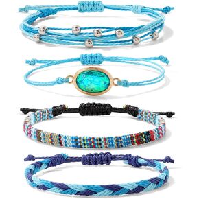 GolbalJew Boho Opal String Anklet Bracelet for Women Adjustable Summer Beach Surfer Ankle Bracelets Set Handmade Braided Rope Anklets Colorful Bohemian Jewelry