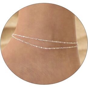 Dainty Gold/Silver Anklet for Women 14K Gold Plated Layered Satellite Beads Heart Anklets Layering Rhinestone Cubic Zirconia Ankle Bracelets Minimalist Summer Beach Foot Chain Ankle Jewelry Gifts