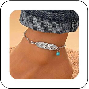 Bohemian Feather Turquoise Ankle Chain Bracelet Silver Feather Ankle Bracelet Round turquoise Stone Foot Chain Anklet Summer Beach Foot Chain Jewelry for Women Gifts