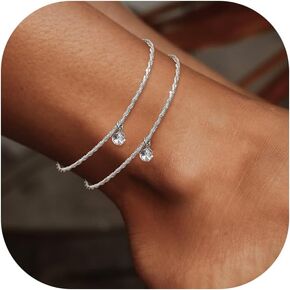Sterling Silver Anklet Bracelets for Women Set Dainty Sparkly Circle Coin Charms Pearl Cubic Zirconia Paperclip Foot Chain Adjustable Waterproof Layered Anklets Thin Stackable Jewelry Gifts