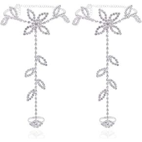 Asphire Elegant Sparkling Rhinestone Barefoot Sandals 2Pcs Bridal Beach Wedding Toe Ring Foot Chain Anklet Party Foot Slave Bracelet Accessories for Women (Silver E)