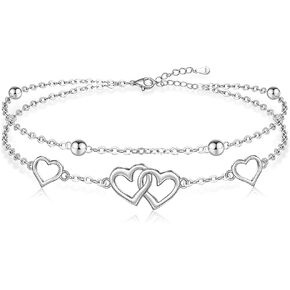 Ankle Bracelets for Women S925 Sterling Silver Beaded Anklets Heart Anklets for Women Mother Day Best Friend Gift Adjustable Layered Beach Jewelry