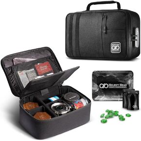 HELMET HEAD Smell Proof Bag and Smell Proof Stash Box with Combo Lock, Water Repellent XL Travel Bag for Your Mylar Bags and Smell Proof Containers. Includes 2 Baggies and Metal Tray (Jet Camo)