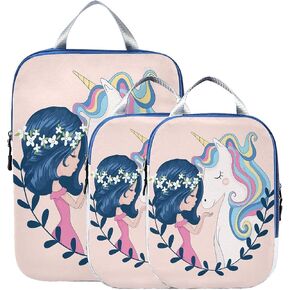 MNSRUU Packing Cubes Cute Unicorn Mermaid Girl Compression Luggage Cubes Packing Bags Travel Organizer for Suitcases, 3 PCS