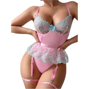 MakeMeChic Women's Floral Lace Lingerie Set Push Up Bra and Panty Set with Garter Belt