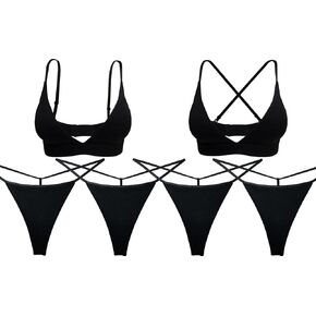 KUKU PANDA Womens Matching Bra and Panty G String Thongs Sets Sexy Underwear Black