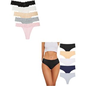 voenxe Seamless Lace Thongs for Women 5 Pack and 5 Pack High Waisted Cut No Show Ladies Panties