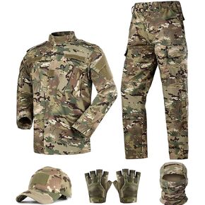 Tactical Suit,Combat Pants and Shirt,Cap Gloves Balaclava Set,Black Camo Uniform Men's Military Airsoft Gear