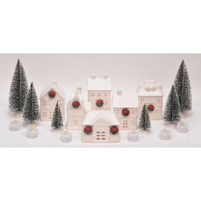 Mark Feldstein & Associates Holiday Wreath Village with Trees, White Unglazed Porcelain LED Christmas Figurines, 18 Piece Set